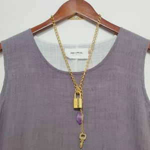 #311 Authentic LOUIS VUITTON Lock Key Set Padlock Brass Polished Chain Necklace